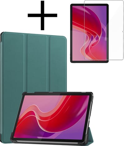 Hoes - Geschikt voor Lenovo Tab M11 (11 inch) - Met Screenprotector - Trifold Bookcase - Hard Cover - Hardcover Book Case - Tablet Hoesje - Donkergroen