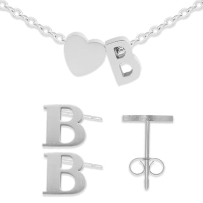 Initiaal Armband & Oorbellen set met Letter B Zilverkleurig - Stainless Steel - Met letter & Hartje! - 2x Sieraden Cadeau - Pax Amare