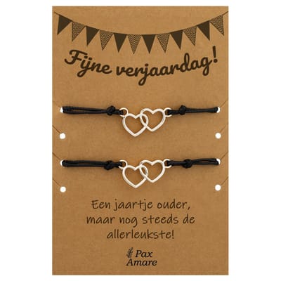 Vriendschapsarmbandjes voor 2 "Fijne Verjaardag" - Verbonden Hartjes - BFF Armbandjes met Persoonlijk Cadeau Kaartje - Zilverkleurig - Elastisch Verstelbaar - Pax Amare