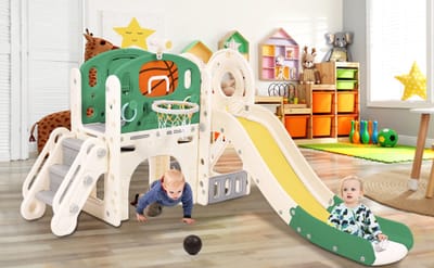 Kombi-Rutsche für Kinder, mit langer Rutsche, Aufbewahrungsbox, Tunnel, Treppenleiter, Basketballkorb und Durchgangsbereich.Rutsche für Kleinkinder. Einfache Montage und bequeme Aufbewahrung. Hochwert