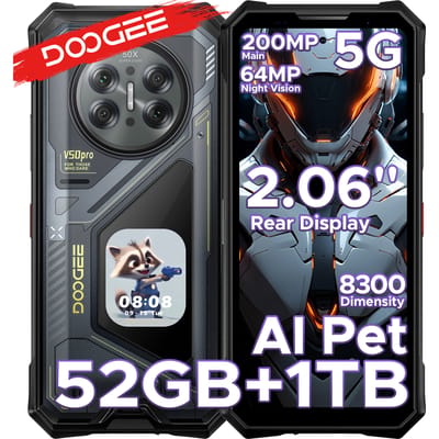 DOOGEE V50 Pro 5G AI Robuuste Telefoon 6.78" Dimensity 8300 52GB RAM (16+36) 1TB ROM met 2.06" AMOLED Multifunctioneel Achterdisplay 200MP Camera 64MP Nachtzichtcamera Android 16 Ondersteunt
