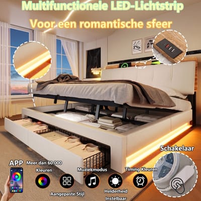 VVBV Opbergbed Gestoffeerd 180x200 cm - Hydraulische Opbergruimte, App-bediening, USB-C - Linnen Beige - Zonder Matras