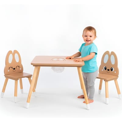 Mamabrum Houten Kinder Tafelset met Opbergvak – 2 Stoelen & Tafel – Scandinavisch Design Bunny Set – Speeltafel met Opbergruimte 3+