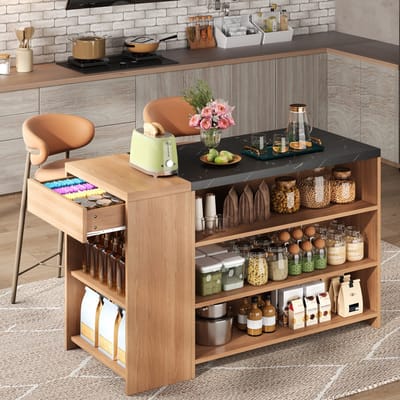 Sweiko Dressoir - Bartafel - Eettafel - Opbergplanken - Met lades - Marmerlook - Zwart + Naturel