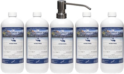 Handzeep No Scent No Colour 1 liter - set van 5 stuks - met gratis RVS zilverkleurige pomp - Voordeelverpakking