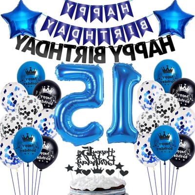 15e Verjaardag Ballonnen in Blauw en Zwart, Feestdecoratie voor Jongens en Meisjes, 15 Jaar Verjaardagsfeest, Ballonnen en Versiering