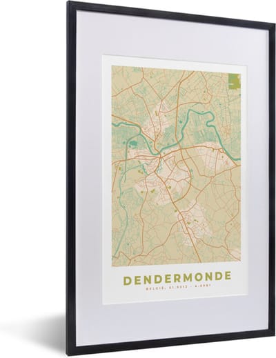 Fotolijst incl. Poster - Plattegrond - Kaart - Dendermonde - Vintage - Stadskaart - 40x60 cm - Posterlijst