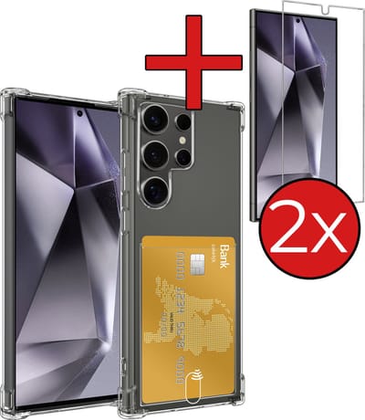Hoesje - Geschikt voor Samsung Galaxy S24 Ultra - Met 2x Screenprotector - Pashouder - Kaarthouder - Back Cover - Telefoon Hoes Shockproof - Siliconen Case - Shock Proof - Pasjes Houder - Telefoonhoes - Transparant