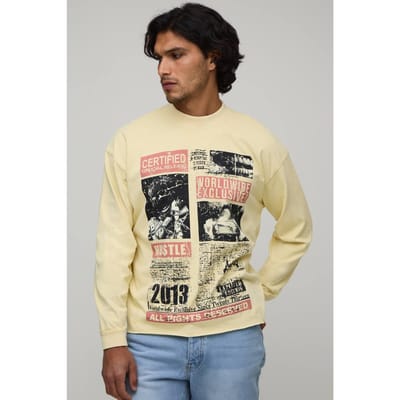 Gewassen Geel Oversized Boxy T-shirt Met Tijdschriftprint En Ruwe Zoom Lange Mouwen | Yellow | Size Large