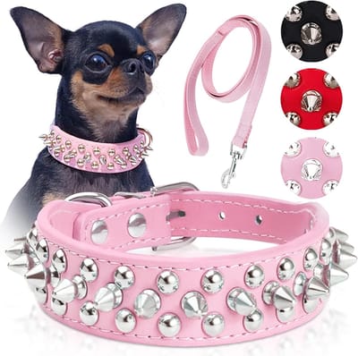 OLOEY Frienhund Set van halsband met spikes/studs en riem (1,2 m): Verstelbare halsband van PU-leer voor kleine honden en katten, robuust, metalen gesp, nekbescherming, punkstijl, Roze, maat XS (50–57 cm)