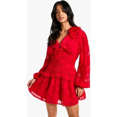 boohoo Dames Petite Floral Burnout Ruffle Plunge Ruched Skaterjurk | Rood | Maat: 36