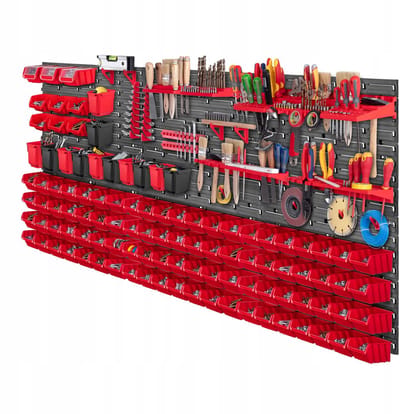 KADAX Gereedschapswandrek, groot, 174 x 78 cm, opslagsysteem van robuust kunststof, uv-bestendig modulesysteem, uitbreidbare wandplaten, werkplaatsrek voor garage (rood, 130 stuks)
