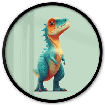 Poster in lijst Rond - Fotolijst 40x40 cm - Posters - Cartoon - Dino - Oranje - Stekels - Ronde posterlijst zwart - Decoratie - Wanddecoratie woonkamer - Muurdecoratie slaapkamer