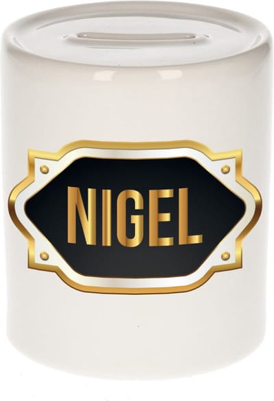 Spaarpot met voornaam Nigel - wit - met goud/zwart embleem - 8 x 9 cm - keramiek - met afsluitdop - cadeau verjaardag