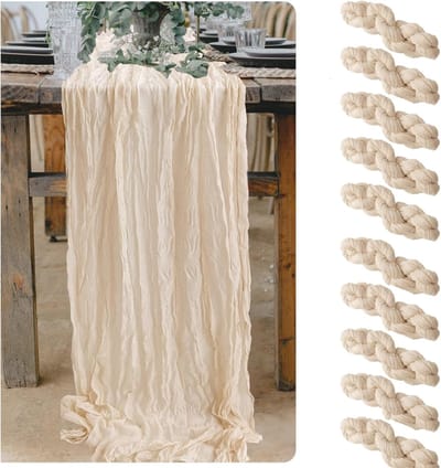 10 stuks tafelloper van gaas, 90 x 300 cm, rustiek beige, boho, rustieke tafelloper tafelkleed voor bruiloft, bruidsdouche, verjaardagsfeest, taartdecoratie