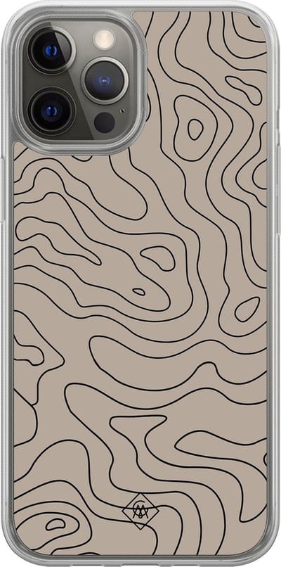 Casimoda® hoesje - Geschikt voor iPhone 12 Pro - Abstract Lines - 2-in-1 case - Schokbestendig - Geometrisch patroon - Verhoogde randen - Bruin/beige, Transparant