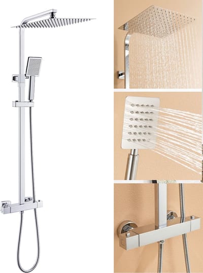 Auralum max - Regendouche met Thermostaatkraan - Chroom Doucheset- Regendoucheset - Handdouche - 2-functie doucheset met vierkante 12" hoge douchekop - instelbare hoogte 90-116cm