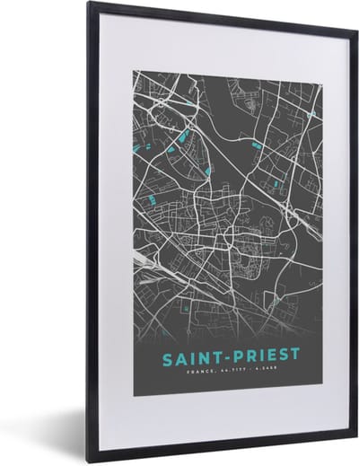 Fotolijst incl. Poster - Saint-Priest - Stadskaart - Kaart - Plattegrond - Frankrijk - 40x60 cm - Posterlijst