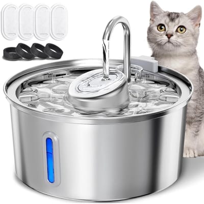 YOR® Drinkfontein Kat - Drinkfontein Kat Happy Things - Drinkfontein Kat Draadloos - Drinkfontein Kat Keramiek - Drinkfontein Kat Zonder Filter - Zilver - 24cm x 24cm x 13cm