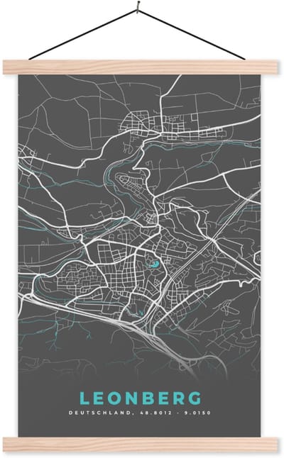 Posterhanger incl. Poster 40x60 cm - Schoolplaat - Duitsland – Blauw – Leonberg – Stadskaart – Kaart – Plattegrond - Textielposter - Blanke latten - Stadskaart