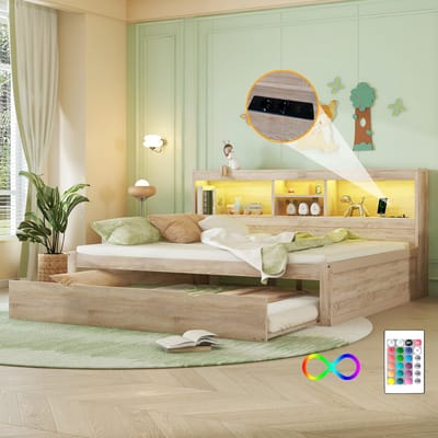 STILVORA Bedbank 140x200 Cm – Met Led Sfeerverlichting – Uitschuifbaar Onderbed 90x190 – Opbergvak En Stopcontact Met Usb – Zonder Matras – Houtkleur