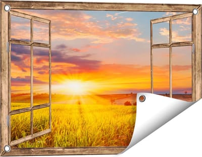 Gards Tuinposter Doorkijk Zonsopgang op het Ma�sveld - 60x40 cm - Tuindoek - Tuindecoratie - Wanddecoratie buiten - Tuinschilderij