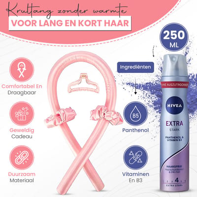 Heatless Curls Set – Inclusief Nivea Spray - Hittevrije Krullen zonder Hitte – Bescherming Haar - Satijnen Hoofdband + 2 Scrunchies + Haarklem