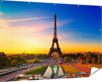 Gards Tuinposter Parijs Eiffeltoren tijdens de Zonsopkomst - 180x120 cm - Tuindoek - Tuindecoratie - Wanddecoratie buiten - Tuinschilderij