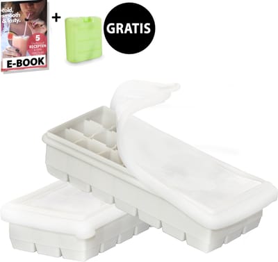 MiCocina Siliconen Ijsblokjesvorm met Deksel - 2-delige set- 21 Ijsblokjes - Stapelbare ijsblokjesmaker voor gekoelde drankjes, smoothies, cocktails en babyvoeding, BFA vrij – Met koelelement en E-book- Grijs