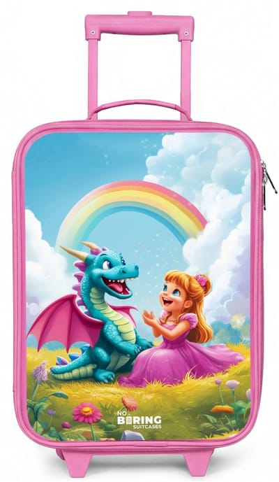 NoBoringSuitcases.com® - Kinderkoffer roze - Kindertrolley meisje - Prinses en dino in een kleurrijke wereld - Koffer kind lichtgewicht - Reiskoffer trolley voor kinderen - Koffertje met lichtgevende wieltjes - Rolkoffer