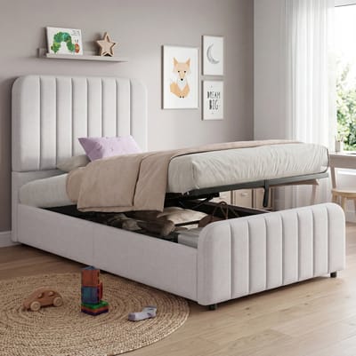 MIVRAY Gestoffeerd Kinderbed 90x200 cm Zonder Matras - Eenpersoonsbed Met Hydraulische Opbergruimte En Lattenbodem - Linnen - Grijs