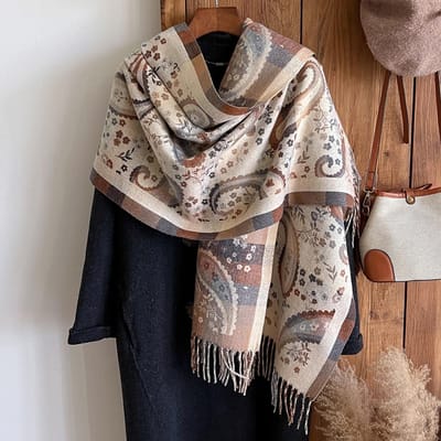 Dames Boheemse Paisley Infinity Sjaal van imitatiekasjmier, warm, tweezijdig, dikke sjaal met bloemenprint en gezellige kwastjes. black