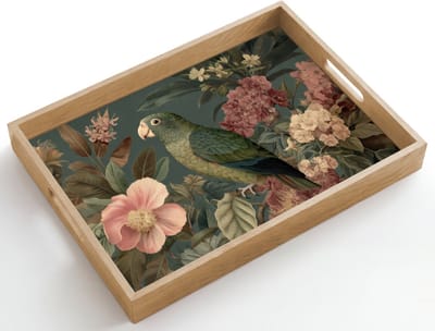 Dienblad hout 50x35 cm - Schootdienblad - Groene papegaai - Kleurrijke bloemen - Donkere achtergrond - Borrelplank rechthoek - Plateau dienbladen
