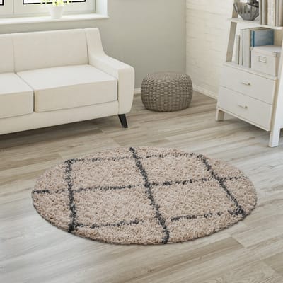 Paco Home Hoogpolig tapijt, zachte shaggy voor de woonkamer in Scandinavische stijl met ruitmotief Ø 200 cm Rund