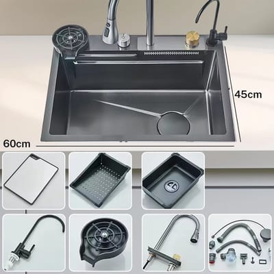 Luxe RVS 304 Keukenspoelbak met Watervalkraan – Grote Enkele Spoelbak met Digitaal Display – Inclusief Zeepdispenser, Glazenwasser & Kraanset
