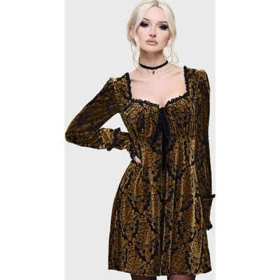 Killstar - Gothic Mini-jurk - What Darkness Returns - Sitri Mini Dress - XS tot 4XL - voor Vrouwen - zwart-goudkleurig