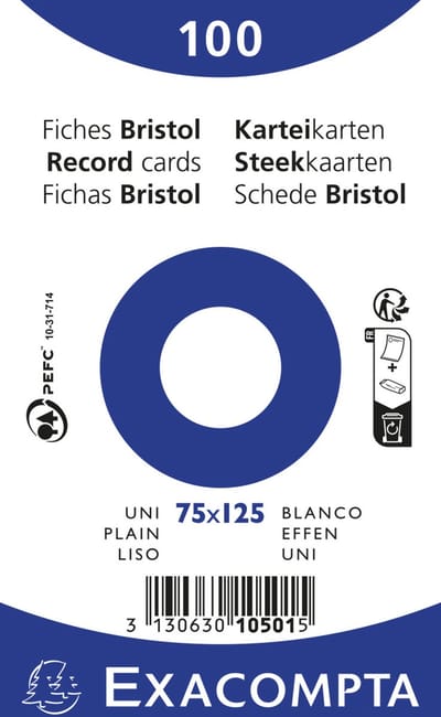 Exacompta 20x Pak 100 steekkaarten bristol in folie - effen niet geperforeerd 75x125mm - Wit - 10501E