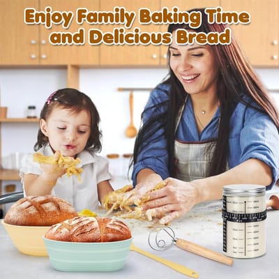 Famanu – Complete zuurdesem starterset met fermentatiemanden - set met 2 rijsmanden (rond 23 cm en ovaal 25 cm) en glazen starterpot 1000 ml - ideaal voor ambachtelijk brood bakken - duurzaam en eenvoudig te reinigen