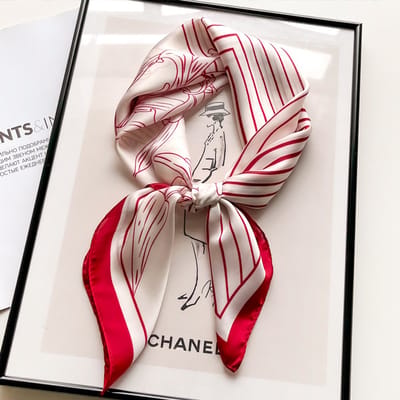 Dames Sjaal - Sjaals - Stola - Vierkante doek - Elegant Stijlvol Dames haar sjaal - Satijn zijde - Hals sjaaltje - Sjaaltje Satijn - Neksjaaltje - Omslagdoek Modesjaals - Neksjaal - Klein Sjaaltje -Linie tekening lelie - rode strepen-70*70CM