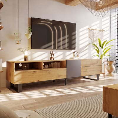 Moderne TV-meubel met houtnerf en Colorblocking - 180 cm - Tijdloos design