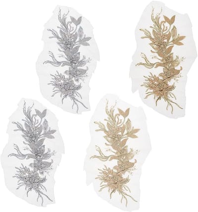 4 Stuks Bloem Borduur Appliqué 500x200mm Gouden en Zilveren Geborduurde Patches voor Bruiloft Decoratie, Mode Accessoires en Handgemaakte DIY Projecten