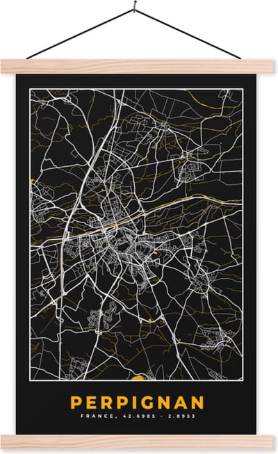 Posterhanger incl. Poster 40x60 cm - Schoolplaat - Kaart – Stadskaart – Frankrijk – Plattegrond - Perpignan - Textielposter - Blanke latten - Stadskaart