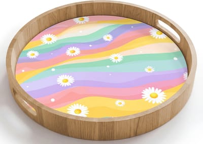 Dienblad rond 40x40 cm - Schootdienblad hout - Madeliefjes - Kleurrijk - Pastel - Borrelplank rechthoek - Plateau houten dienbladen