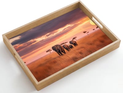 Dienblad hout 50x35 cm - Schootdienblad - Groep olifanten - Open vlakte - Zon - Borrelplank rechthoek - Plateau dienbladen