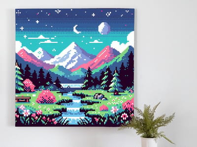 Pixel art landschap schilderij | The Digital Landscape: A Pixelated Masterpiece in Word Art Form | Kunst - 80x80 centimeter op Forex | Foto op Forex