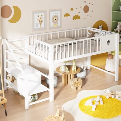 DESMIU Laag Hoogslaper Bed 90x200cm Met Opbergtrap En Ruime Opbergruimte Onder Bed Voor Kinderen En Tieners Metaal Wit Zonder matras