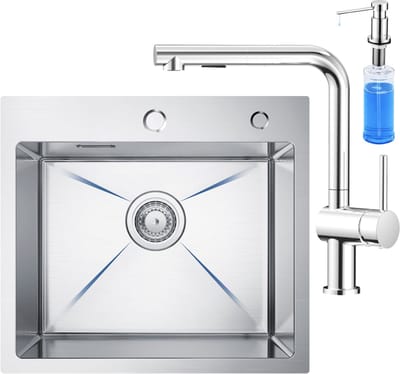 CECIPA max Spoelbak voor keuken 50x45CM - Enkele Spoelbak Met L-uitloop Keukenkraan en Zeepdispenser 300ML - Spoelbak Keuken RVS - Spoelbak Met Kraangat - Voor 50 cm Kast