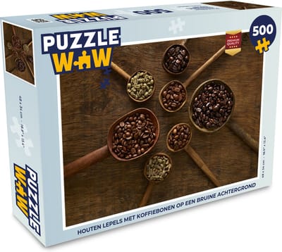 Puzzel Houten lepels met koffiebonen op een bruine achtergrond - Legpuzzel - Puzzel 500 stukjes