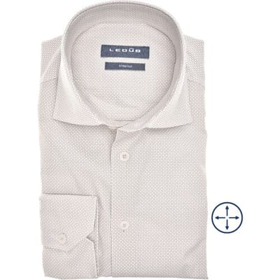 Ledub modern fit overhemd - popeline - lichtbruin met wit mini dessin - Strijkvriendelijk - Boordmaat: 38 (EU maat: S)