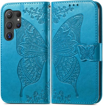 YPCd Bookcase geschikt voor Samsung Galaxy S24 Ultra - Vlinder Design - Portemonnee / Wallet Hoesje - Blauw